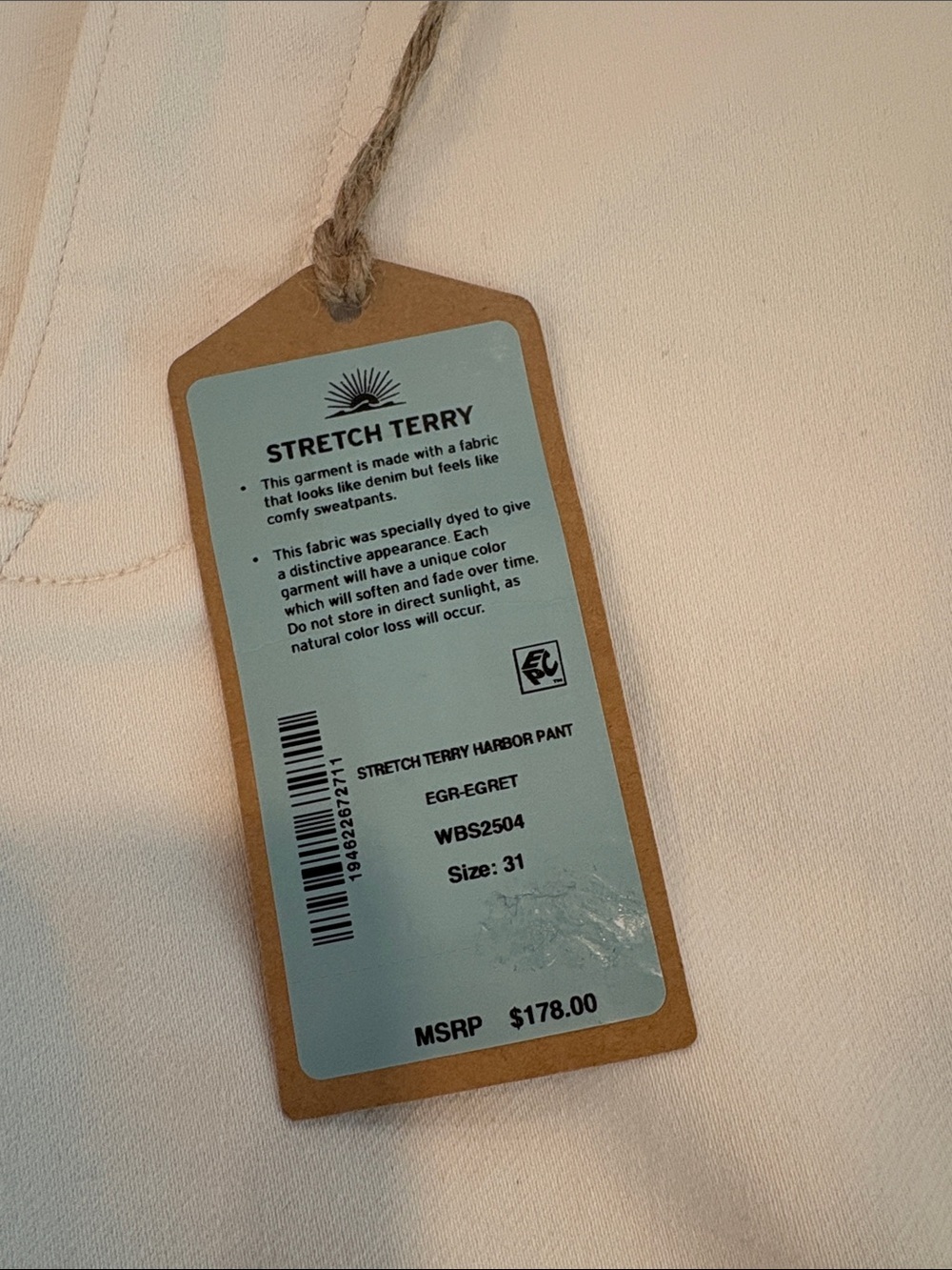NWT Faherty Stretch Terry Harbor Pants in Egret - Picture 5 of 10
